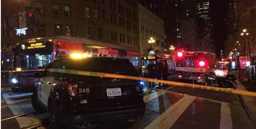 Downtown San Francisco at Kearney and Market Streets, where a woman was struck by a Muni bus. Photo from San Francisco Chronicle.