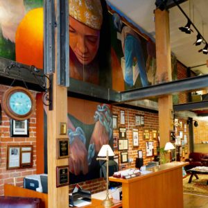 Our reception area features a large mural symbolizing the fight against injustice.